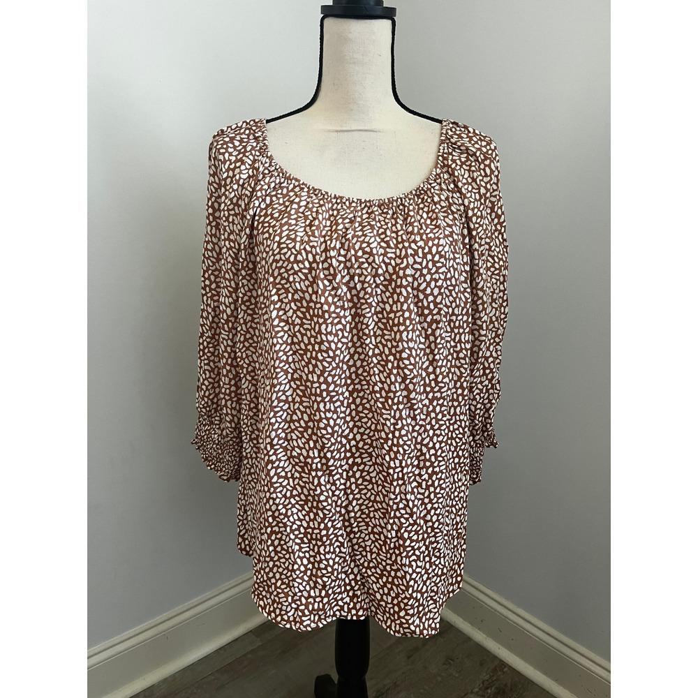 Talbots Brown Smocked Office Blouse XL Abstract Modern Minimalist Chic Earthy